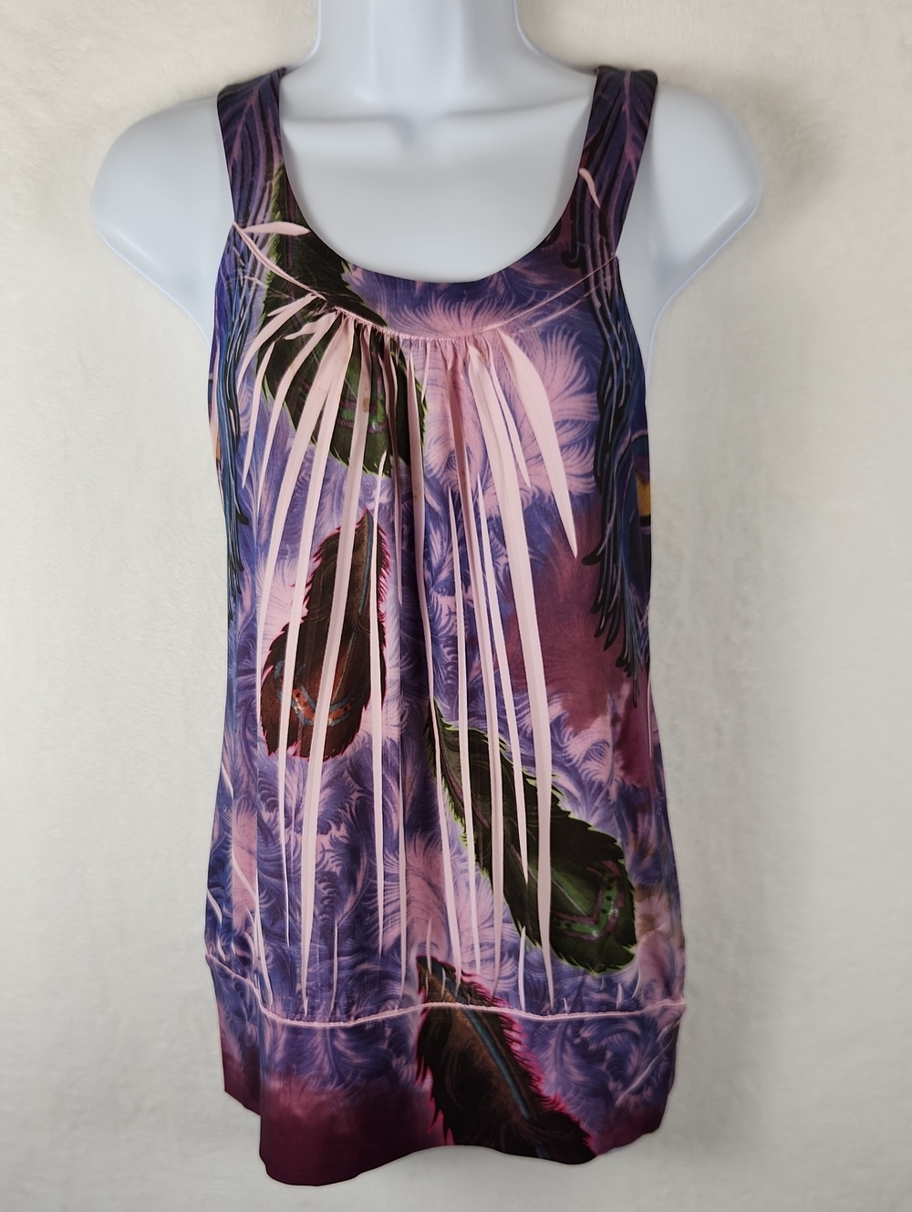 Purple and Pink Feather-Print Sleeveless Women's Top with Banded Hem Size Large